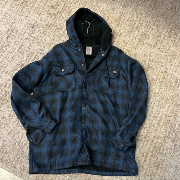 Dickies Blue + Black Plaid Heavy Fleece Lined Coat Size XL