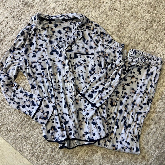 Soma Leopard Print Button Down + Pants Rayon Elastic Pajama Set Medium