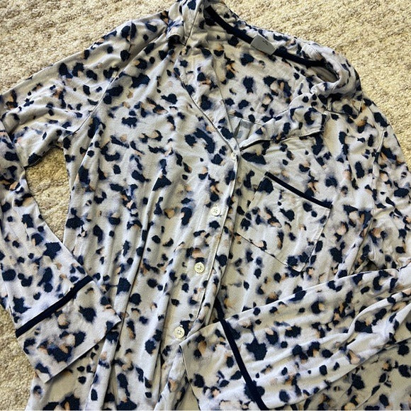 Soma Leopard Print Button Down + Pants Rayon Elastic Pajama Set Medium