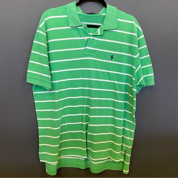 Polo Ralph Lauren Men's Green + White Striped Collared Top 100% Cotton XL