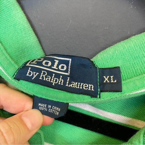 Polo Ralph Lauren Men's Green + White Striped Collared Top 100% Cotton XL