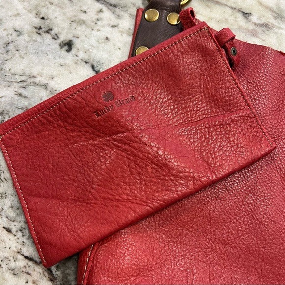 Lucky Brand Red Leather Shoulder Tote Bag w Matching Wristlet Pouch