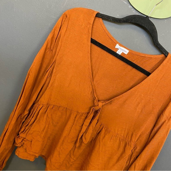 Rust Orange Plunge Neck Ruffle Peplum Boutique Blouse Medium