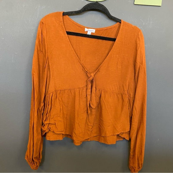 Rust Orange Plunge Neck Ruffle Peplum Boutique Blouse Medium