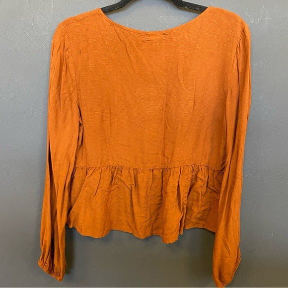 Rust Orange Plunge Neck Ruffle Peplum Boutique Blouse Medium