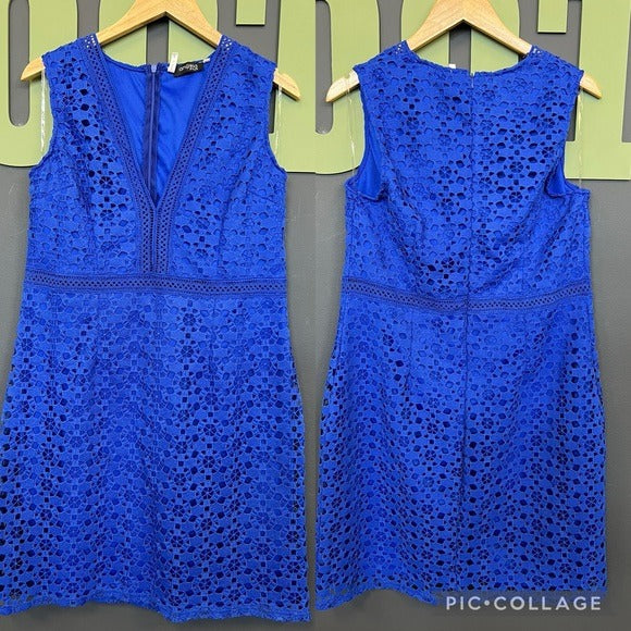 Angela Plus Royal Blue Lace Eyelet Plunge Neck Dress Size 14