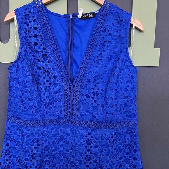 Angela Plus Royal Blue Lace Eyelet Plunge Neck Dress Size 14