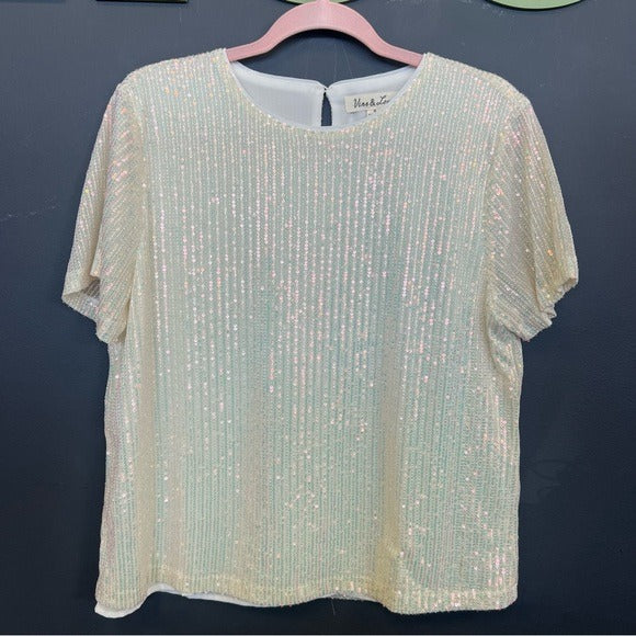 Vine & Love Boutique White Sequin Short Sleeve Blouse Small