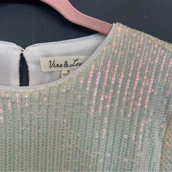 Vine & Love Boutique White Sequin Short Sleeve Blouse Small