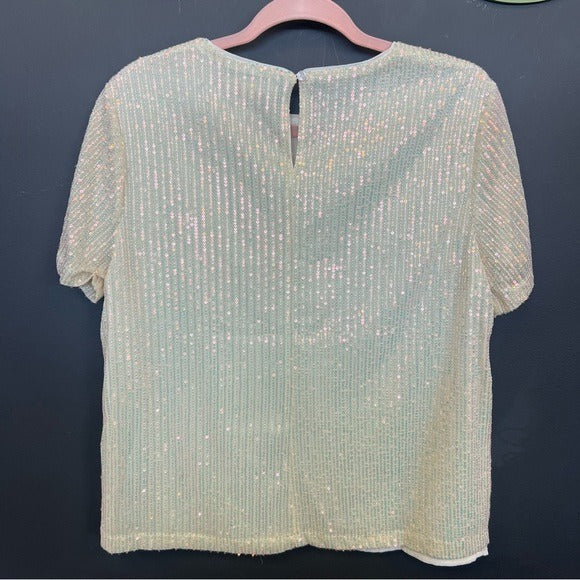 Vine & Love Boutique White Sequin Short Sleeve Blouse Small