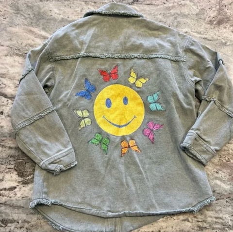 Blue B Smiley Butterfly Olive Denim Jacket Size Small