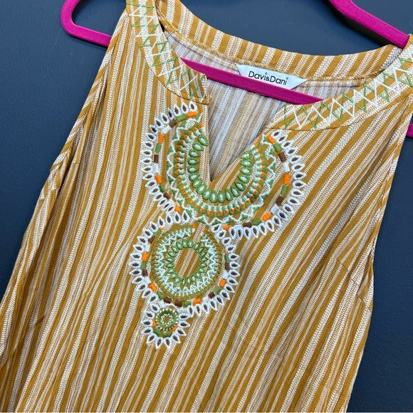 Mustard Striped Embroidered Tank Top Size Medium