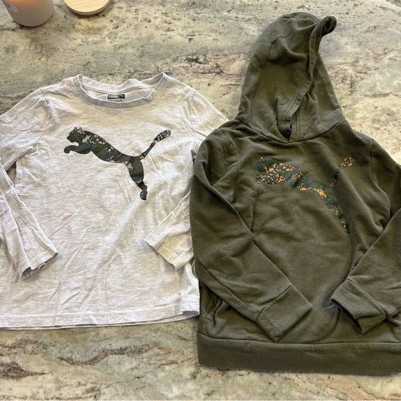Puma Set of 2 Boys Long Sleeve Graphic Top + Olive Hoodie Size 6