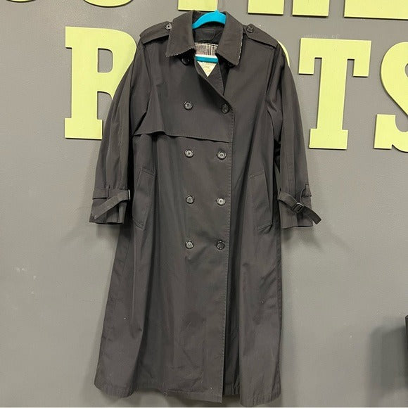 London Fog Black Double Breasted Button Trench Coat Size 10 Petite