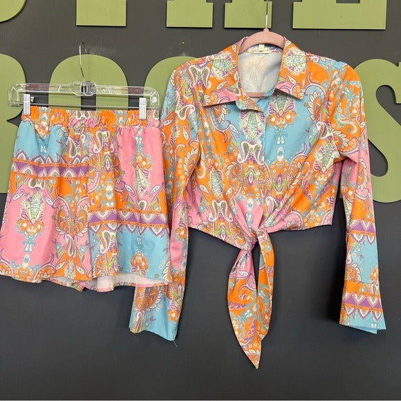 Pink Ripple Multicolor Paisley Print Crop Top + Shorts Set Medium