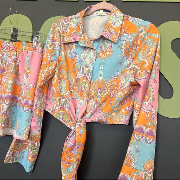 Pink Ripple Multicolor Paisley Print Crop Top + Shorts Set Medium