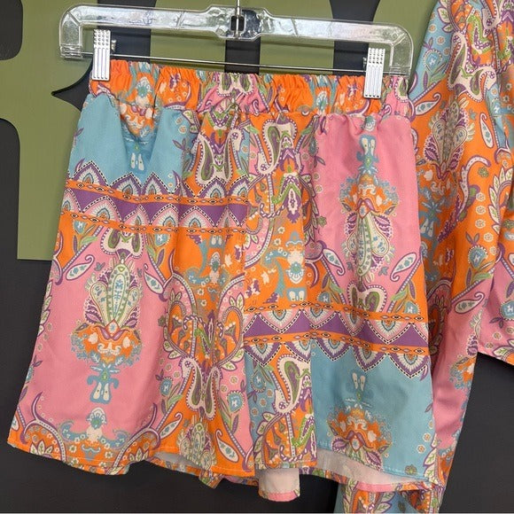 Pink Ripple Multicolor Paisley Print Crop Top + Shorts Set Medium