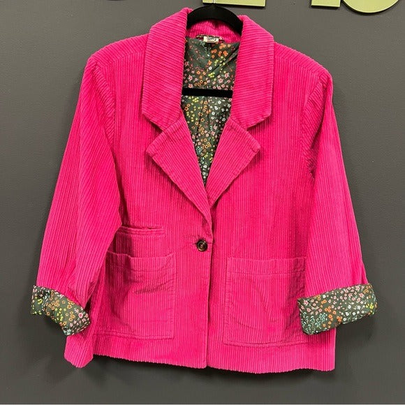 Ivy Jane Women’s Fuchsia Pink Corduroy Jacket Blazer w Floral Silk Lining Large