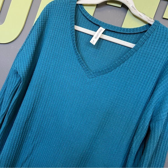 Zenana Teal Waffle Long Sleeve V-Neck Top Medium