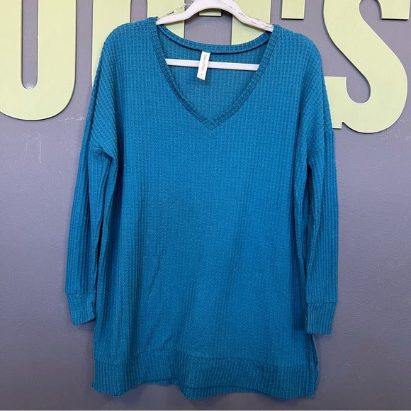 Zenana Teal Waffle Long Sleeve V-Neck Top Medium