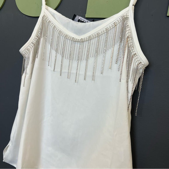 NWT Blue B Rhinestone Fringe White Tank Top Large