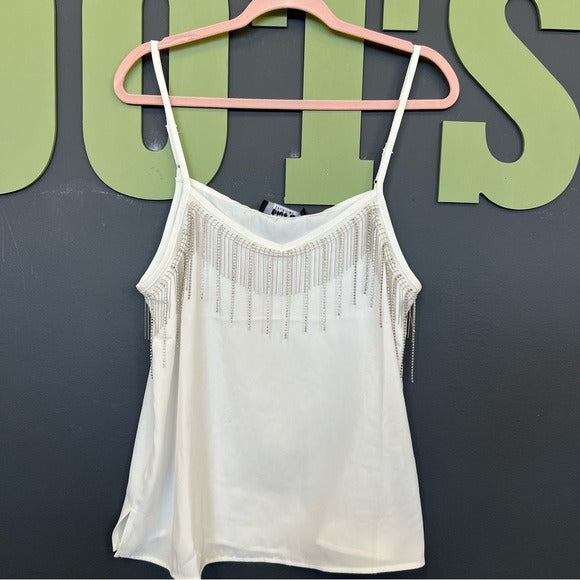NWT Blue B Rhinestone Fringe White Tank Top Large