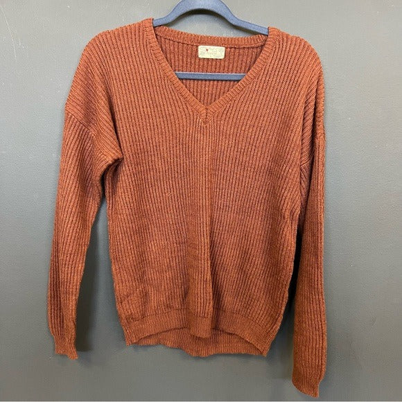 Poof Apparel Ribbed Knit Rust V-Neck Sweater Large