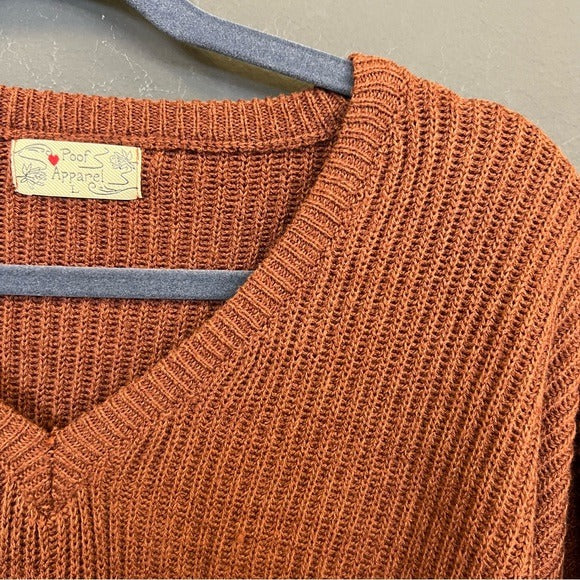 Poof Apparel Ribbed Knit Rust V-Neck Sweater Large