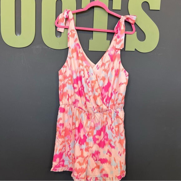 Pink + Orange Ikat Tie Sleeve Romper Size Large