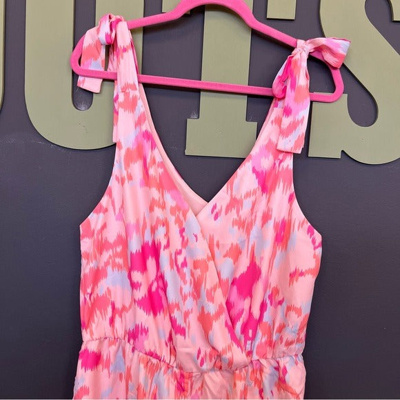 Pink + Orange Ikat Tie Sleeve Romper Size Large