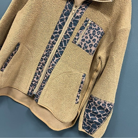 Tru Luxe Jeans Teddy Sherpa + Leopard Print Full Zip Jacket Medium