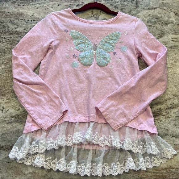 Cynthia Rowley Girls Sequin Butterfly Pink Long Sleeve Graphic Top w Lace Size M