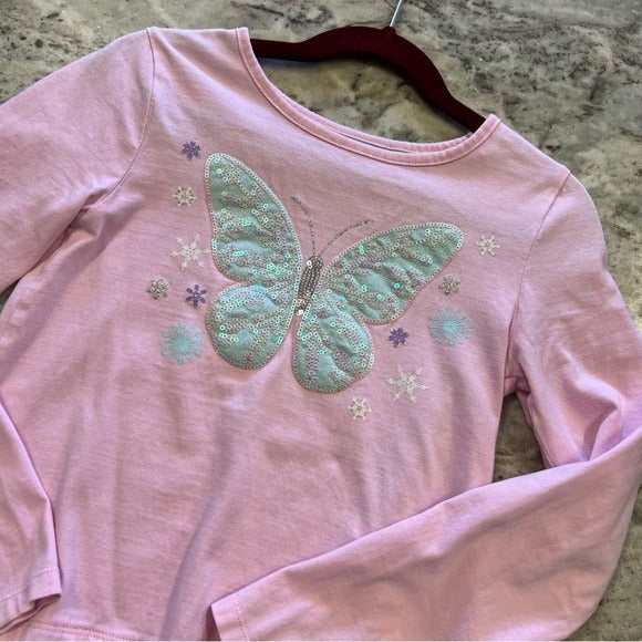 Cynthia Rowley Girls Sequin Butterfly Pink Long Sleeve Graphic Top w Lace Size M