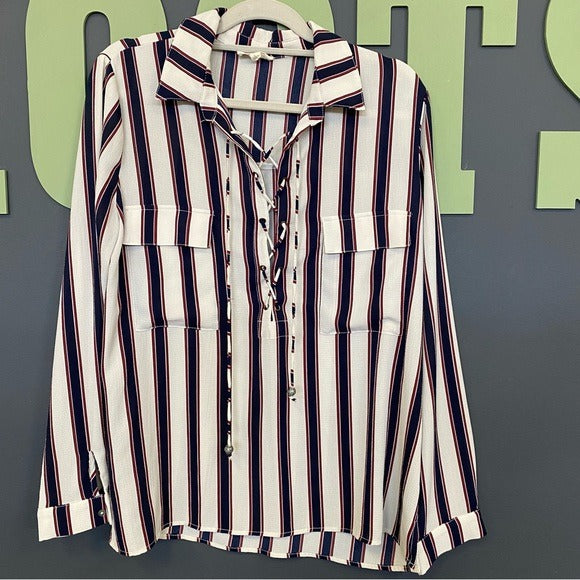 Entro Lace Up Front White V-Neck Collared Blouse Large