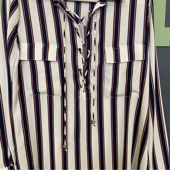 Entro Lace Up Front White V-Neck Collared Blouse Large