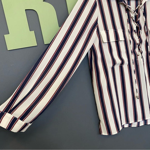 Entro Lace Up Front White V-Neck Collared Blouse Large