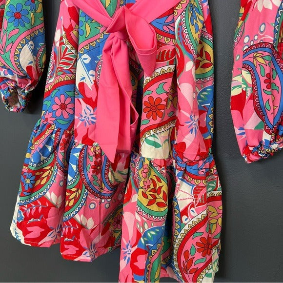 Multicolor Floral Long Bubble Sleeve Ruffle Dress w/ Tie Small