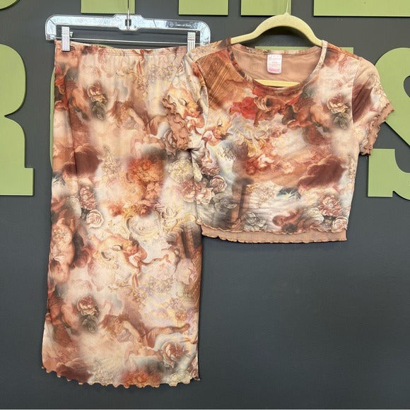 NOBO Angel Mesh Ruffle Crop Top + Skirt Set Size Small