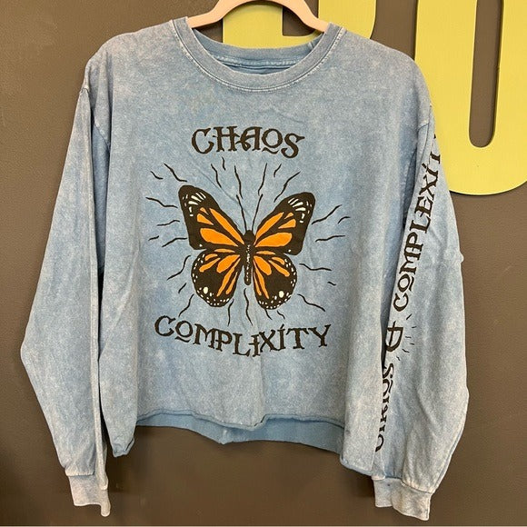 Butterfly Raw Hem Cropped L/S Graphic Tee Size Large