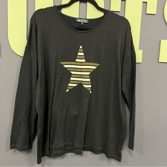 Angel Star Graphic Long Sleeve Black Top