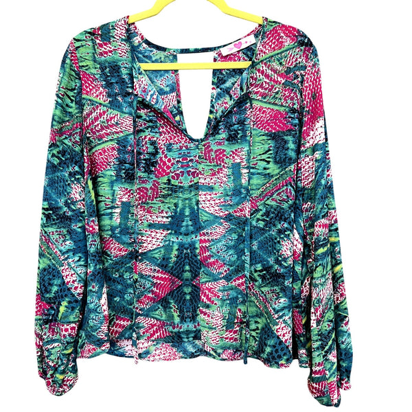 Buddy Love Geometric V-Neck Boho Teal + Pink Blouse Medium