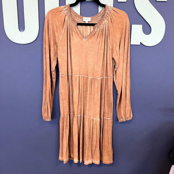 Wonderly Garment Washed Rust Orange Tiered Mini Dress Small