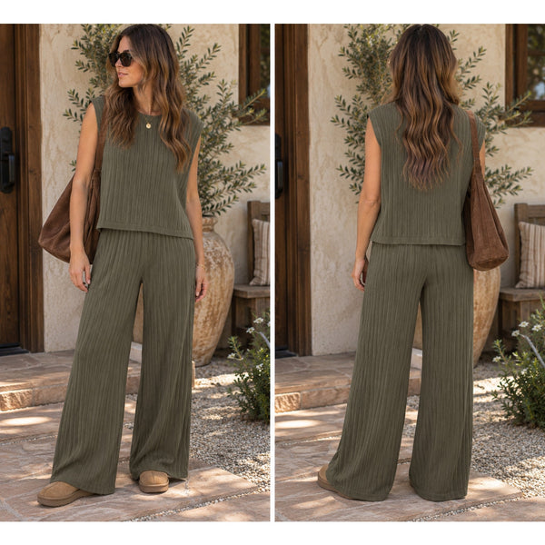 Women's Dark Green Ribbed Two Piece Sweater Set Size XL