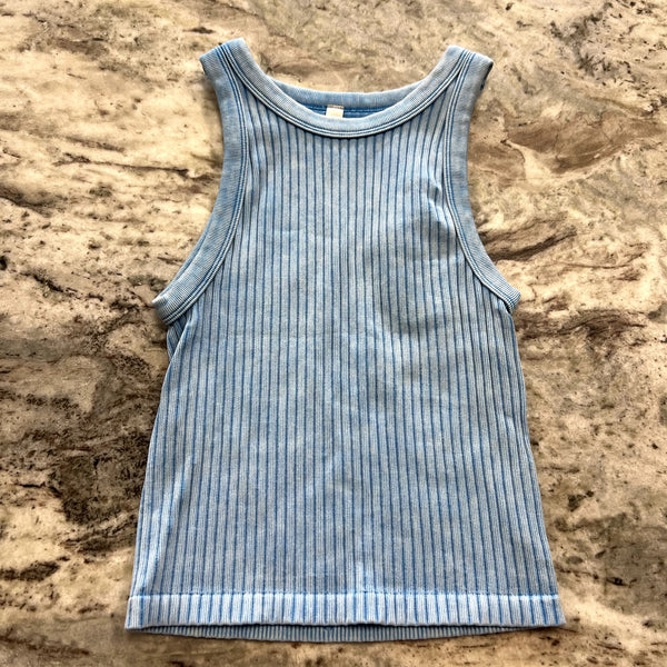 Zenana Blue Acid Washed Ribbed Tank Top Size Small/Med