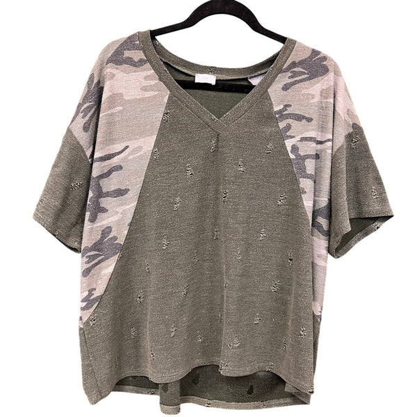 12PM Boutique Olive + Camo Distressed V-Neck Blouse Large