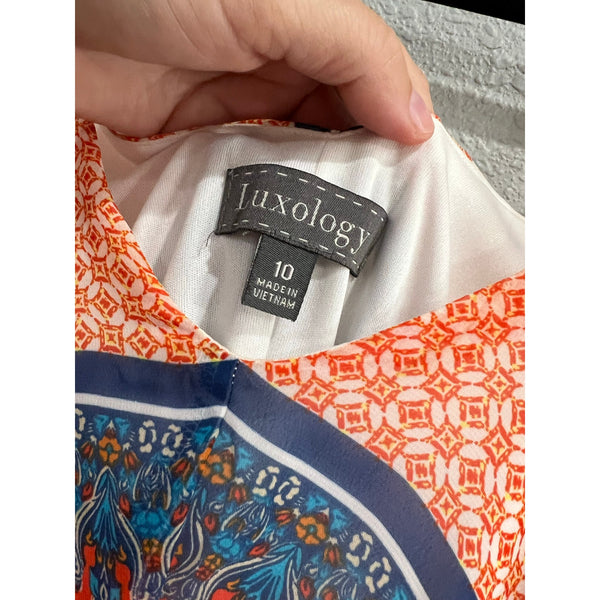 Luxology Blue + Orange Spaghetti Strap Flared Midi Dress Size 10