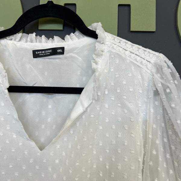 Women's White Sheer Swiss Dot Bubble Sleeve V-Neck Blouse 4XL