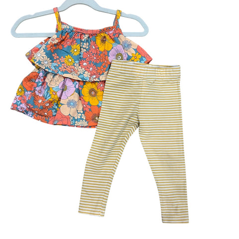 Carter's Two Piece Set Yellow Striped Leggings + Floral Ruffle Tank Size 12 Mo.