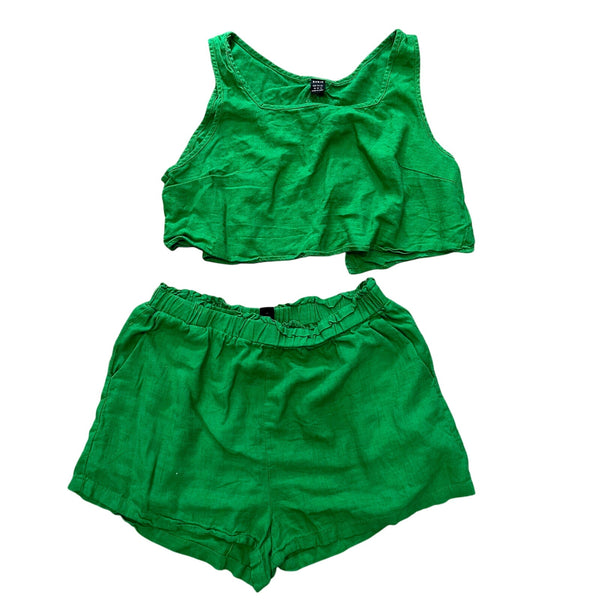 Kelly Green Linen Two Piece Set Shorts + Open Back Tank Top Size XL