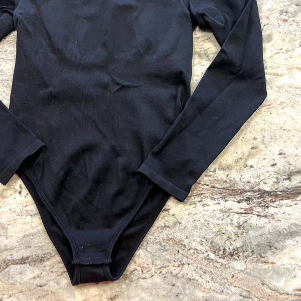 Women's Ribbed Black Square Neck Tummy Control Bodysuit Size Medium